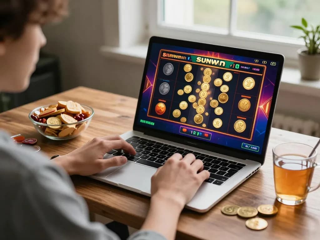 Player engaging with Sunwin casino slot games on a laptop in a cozy home setting.