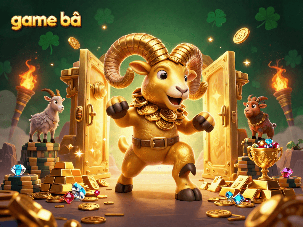 Experience game bài with a charging golden ram amidst treasure in a vibrant casino scene.