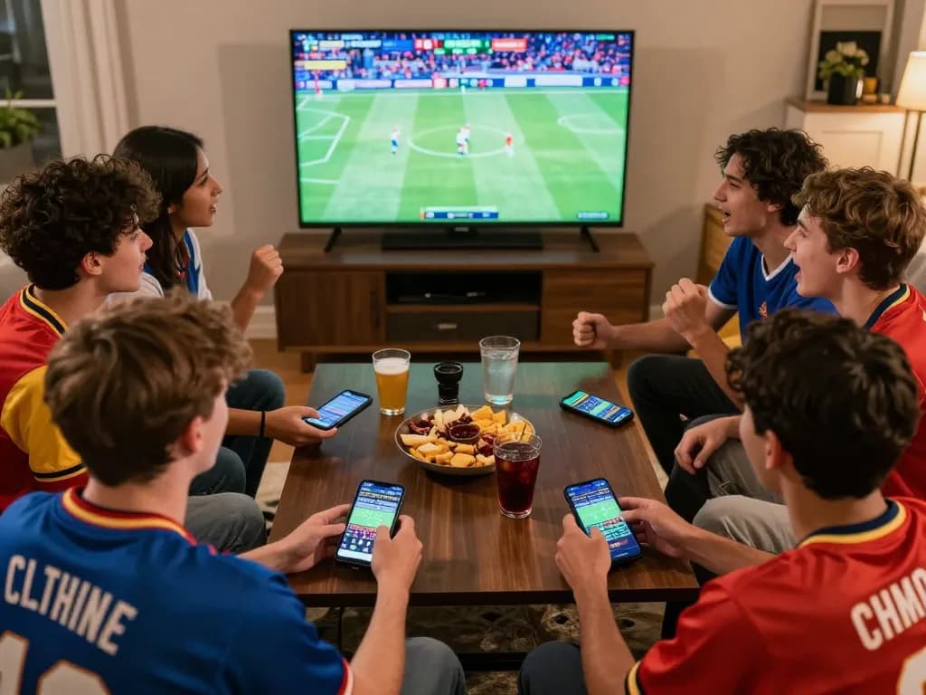 Tg88 players engaged in exciting sports betting with smartphones and a big screen TV.