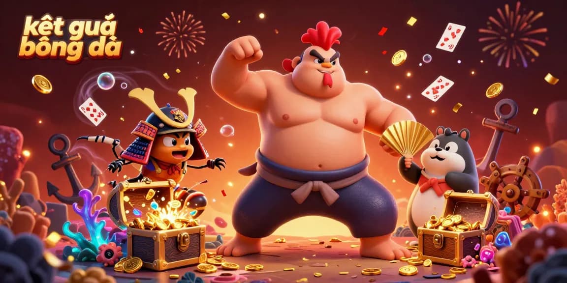 Engage with kết quả bóng đá in a dynamic 3D scene featuring a sumo wrestler, cricket, and tanuki amidst festive casino elements.