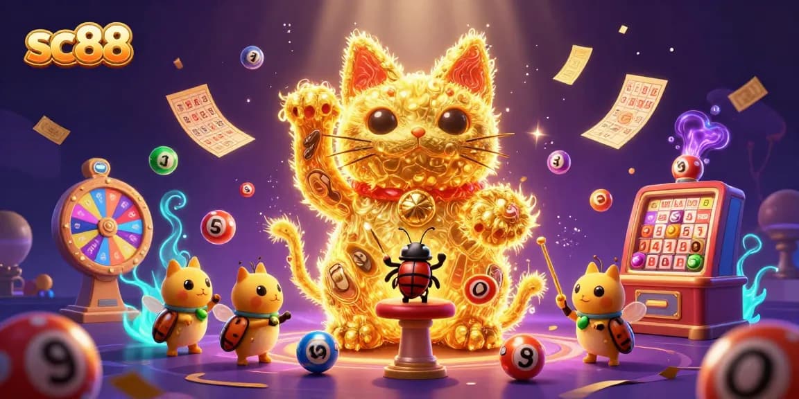 Engage in thrilling moments with sc88 as fireflies form a lucky cat amidst vibrant casino elements.