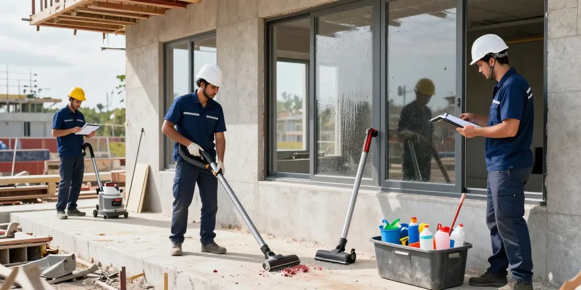 Expert construction cleaning team efficiently managing bauendreinigung preis with professional tools and teamwork.