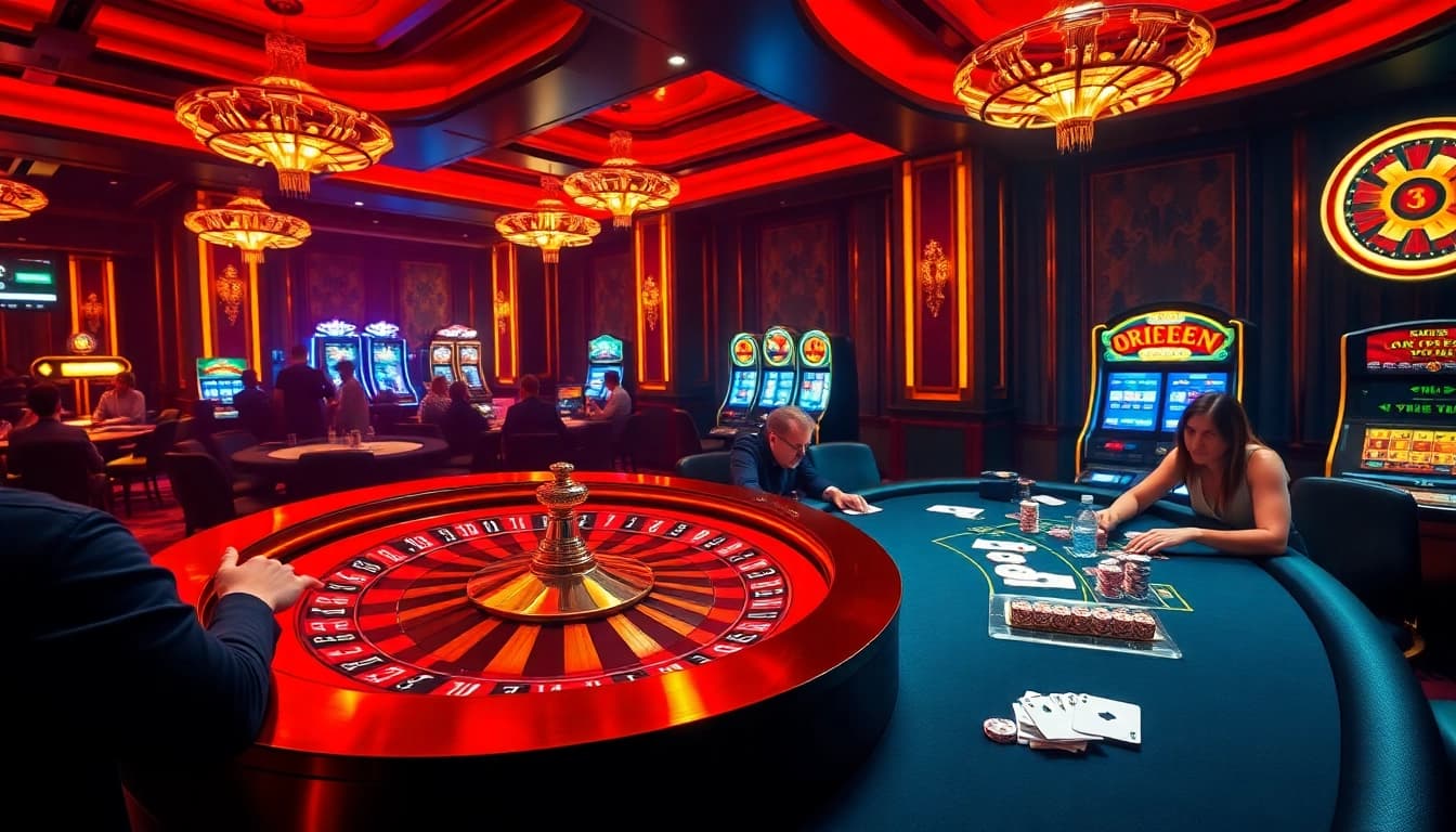 Experience the exciting gaming atmosphere at ONE88.COM with vibrant casino visuals and engaging gambling action.