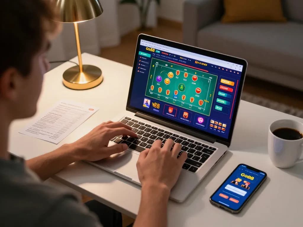 Engaging in online gambling at Go88 with laptop gameplay and strategic betting notes