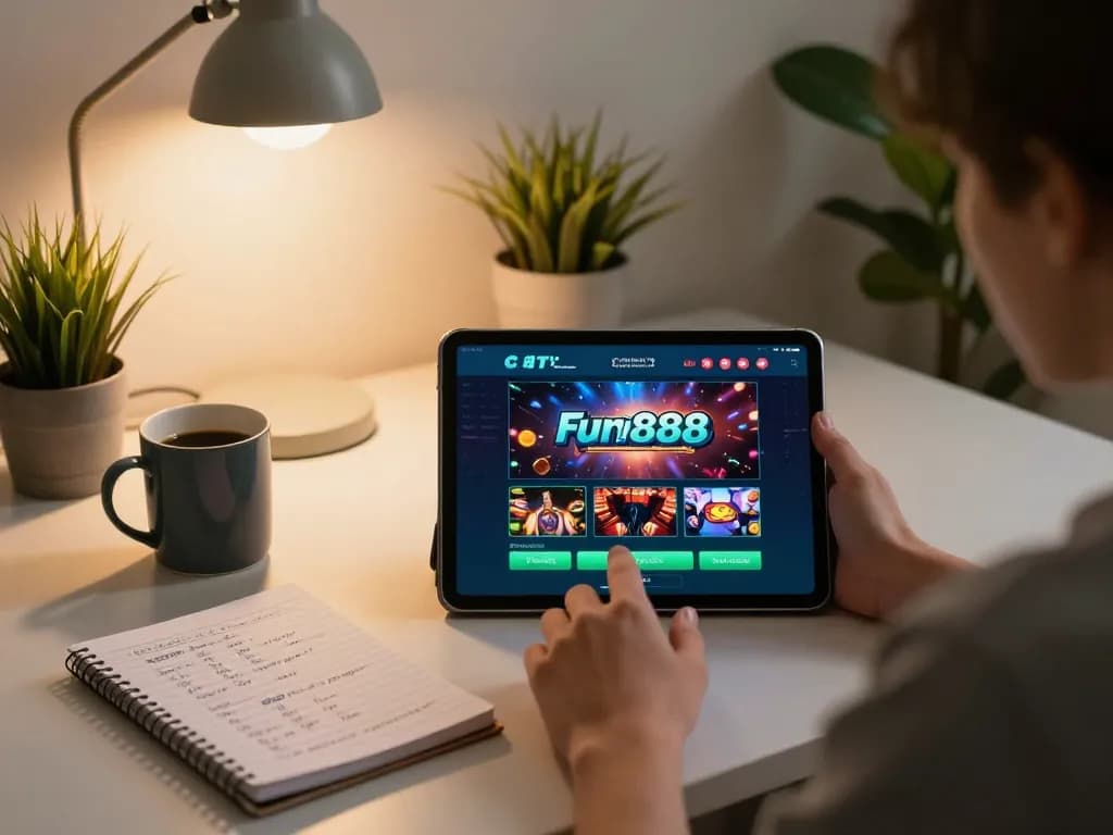 Engaging with fun88 casino app on a tablet in a cozy home setup while implementing betting strategies.