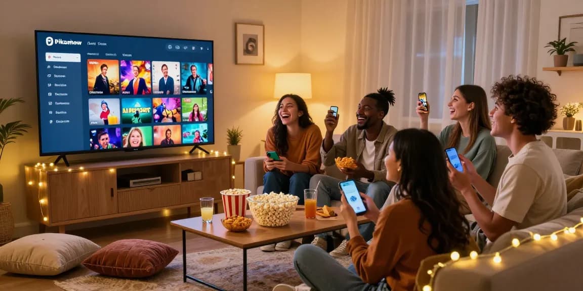 Pikashow app experience with friends streaming movies in a cozy living room setting