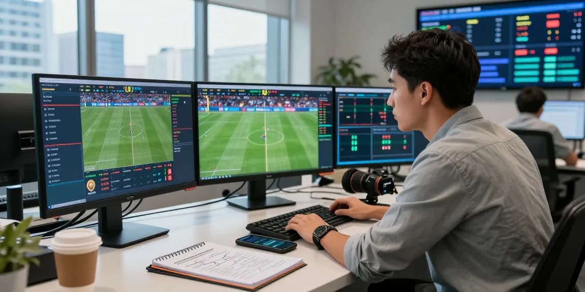 Analyst reviewing football stats and soi kèo nhà cái in modern office during match day.