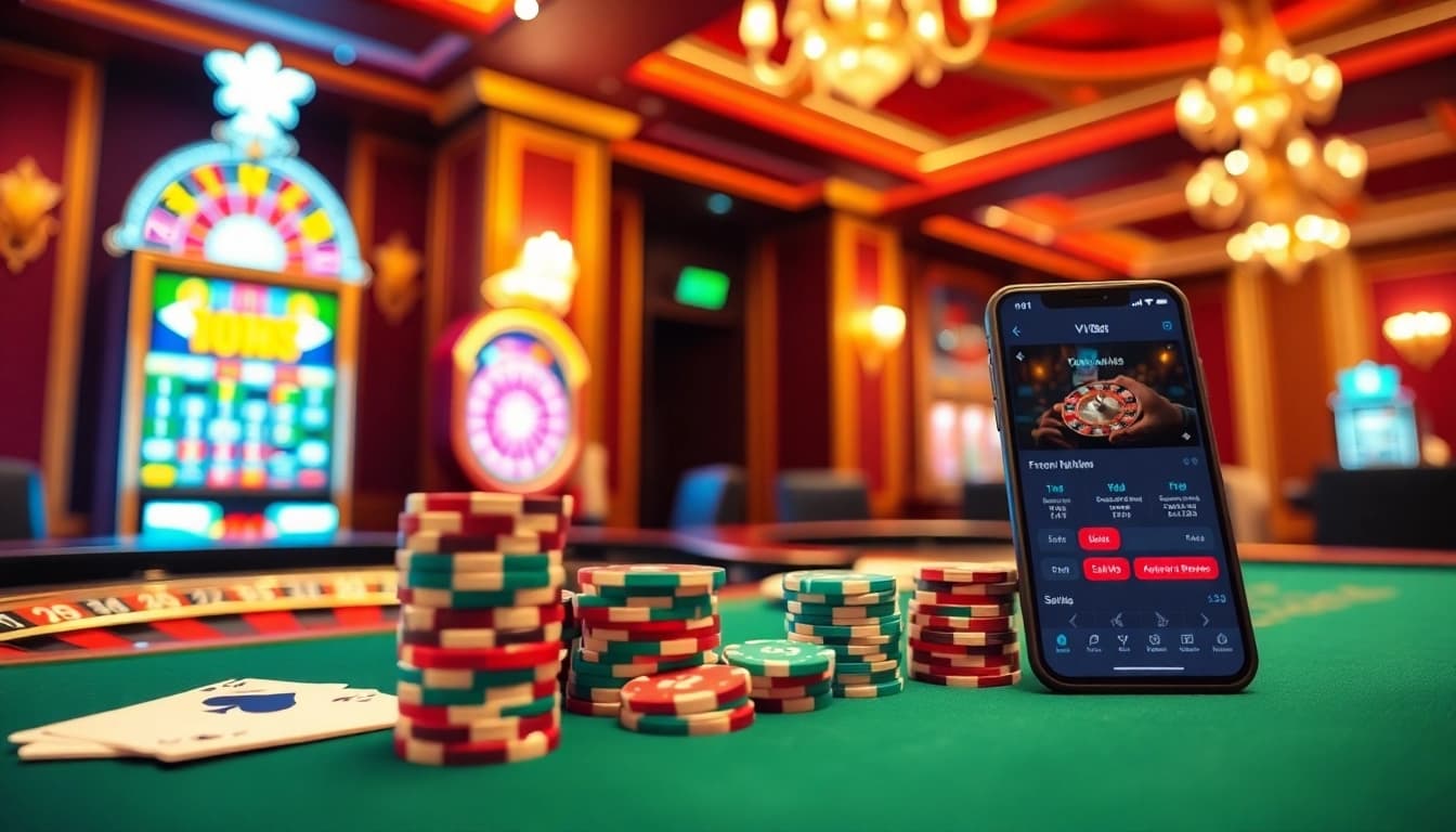 Experimenta emoción y adrenalina con VVVBet, con fichas de póker y ruleta en un entorno de casino.