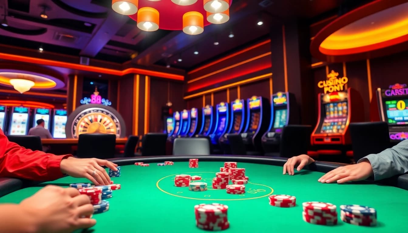 Experience the thrill of gambling at Xin88's vibrant poker table with players and colorful chips.