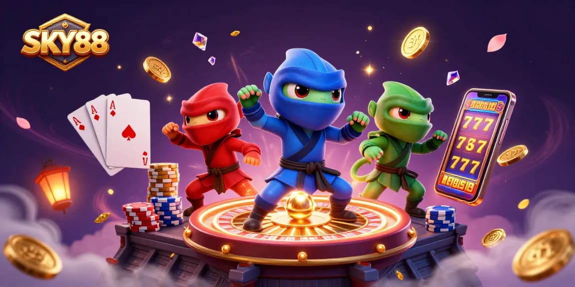 Engage in thrilling gameplay with SKY88, featuring a dynamic casino scene of chameleons amidst vibrant casino elements.
