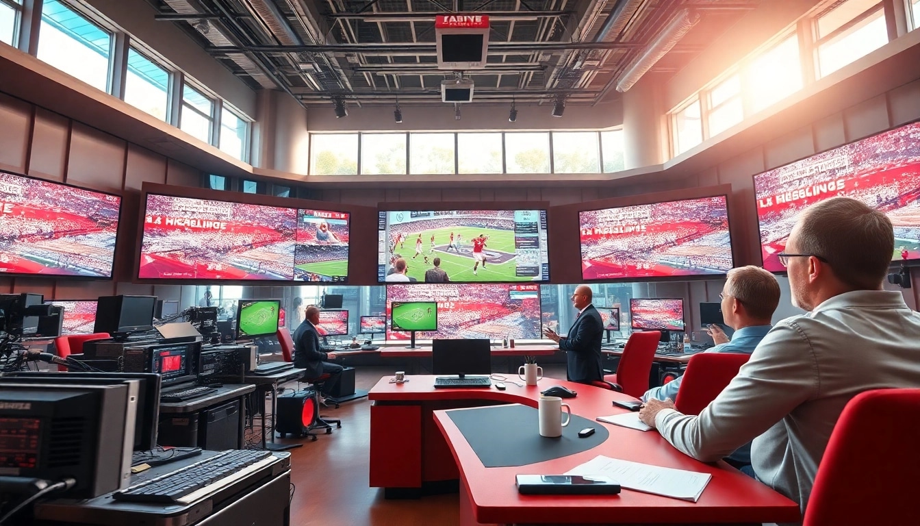 Engaging scene of sports broadcasting with broadcasters discussing highlights in a vibrant studio.