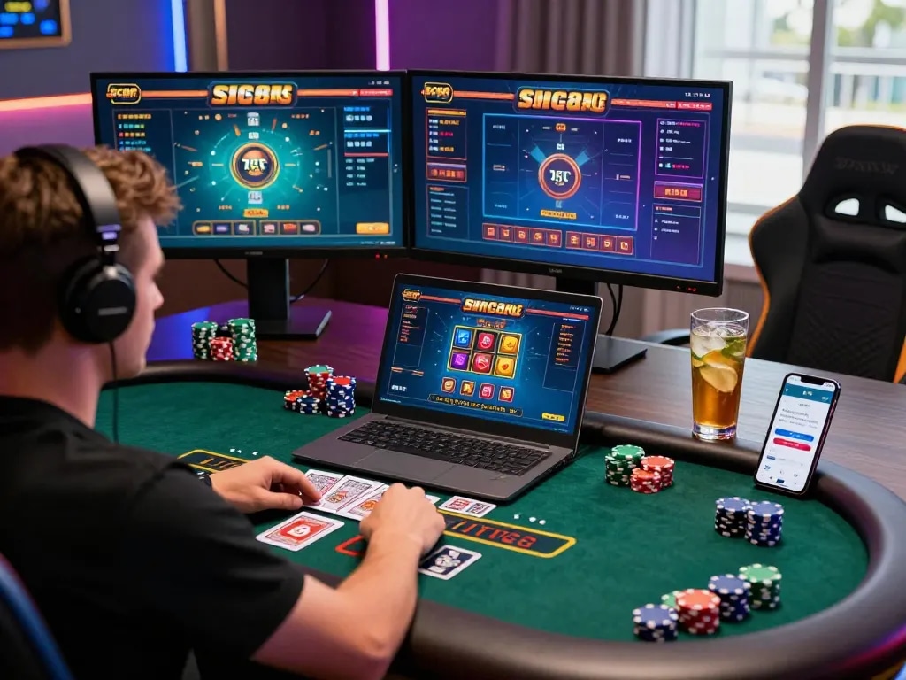 Player engaged in live blackjack at SC88 com with colorful chips and modern setup.