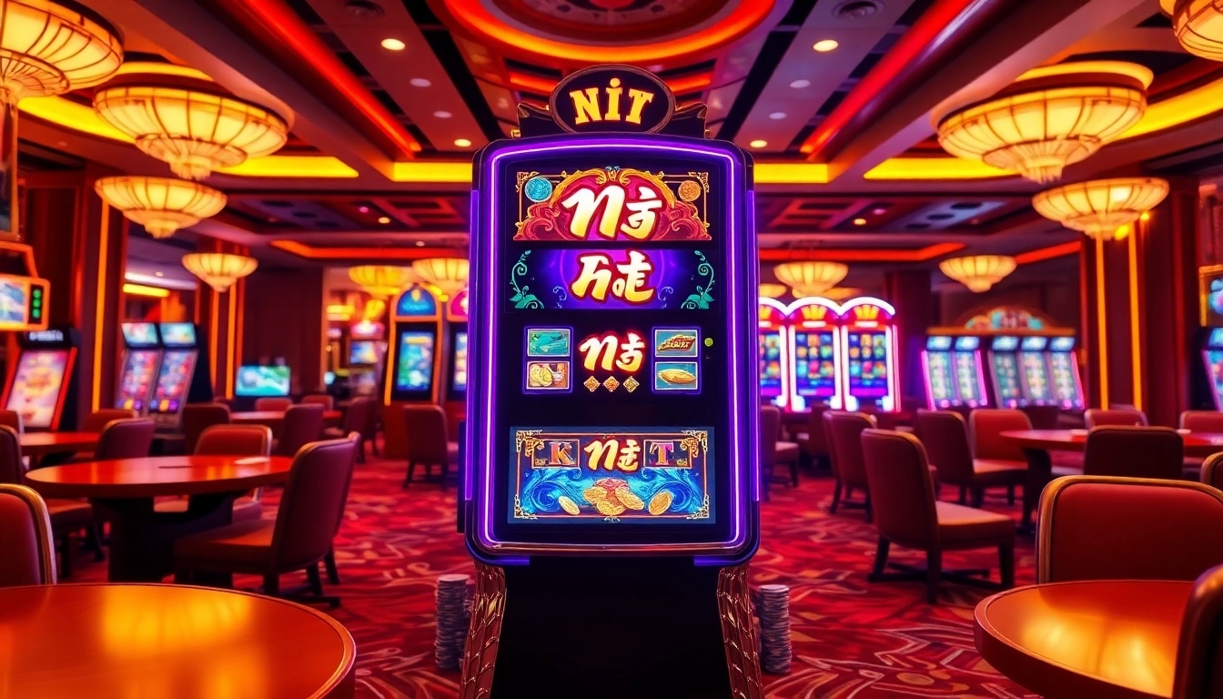 Spin to win with Nổ hủ on a vibrant slot machine in a luxurious casino setting.