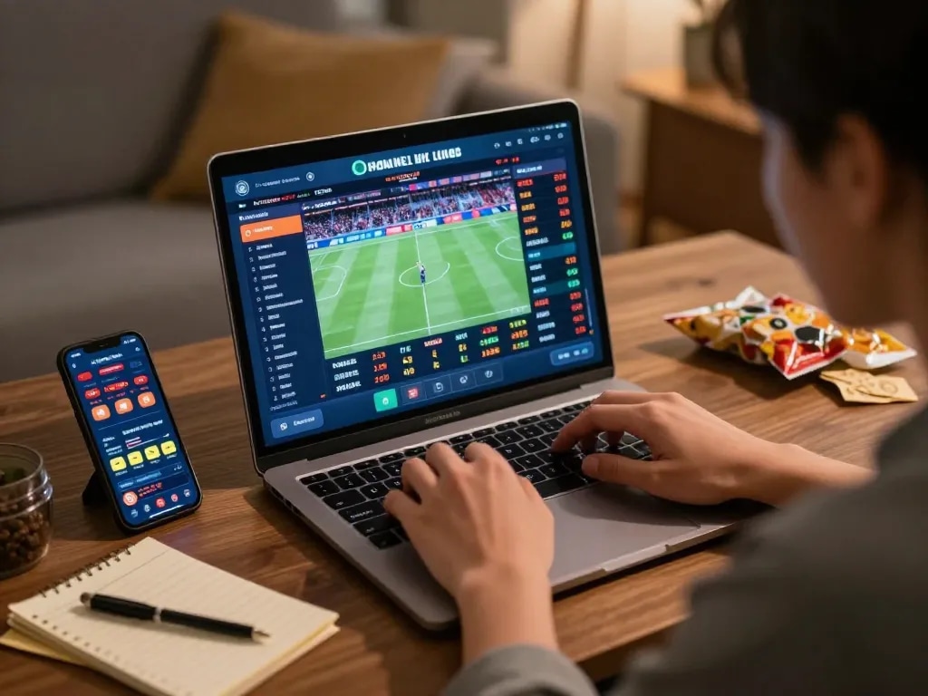 Kuwin user placing bets on sports events using laptop in a cozy home workspace.