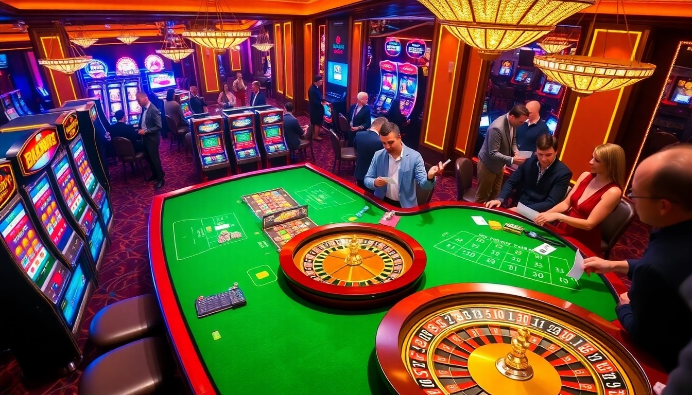 A dynamic scene showcasing gamblers at 32wincasino.com engaging with vibrant slot machines and poker games.
