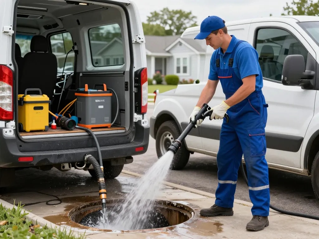 Rapid City sewer and drain cleaning activity with skilled plumber using advanced equipment during service.