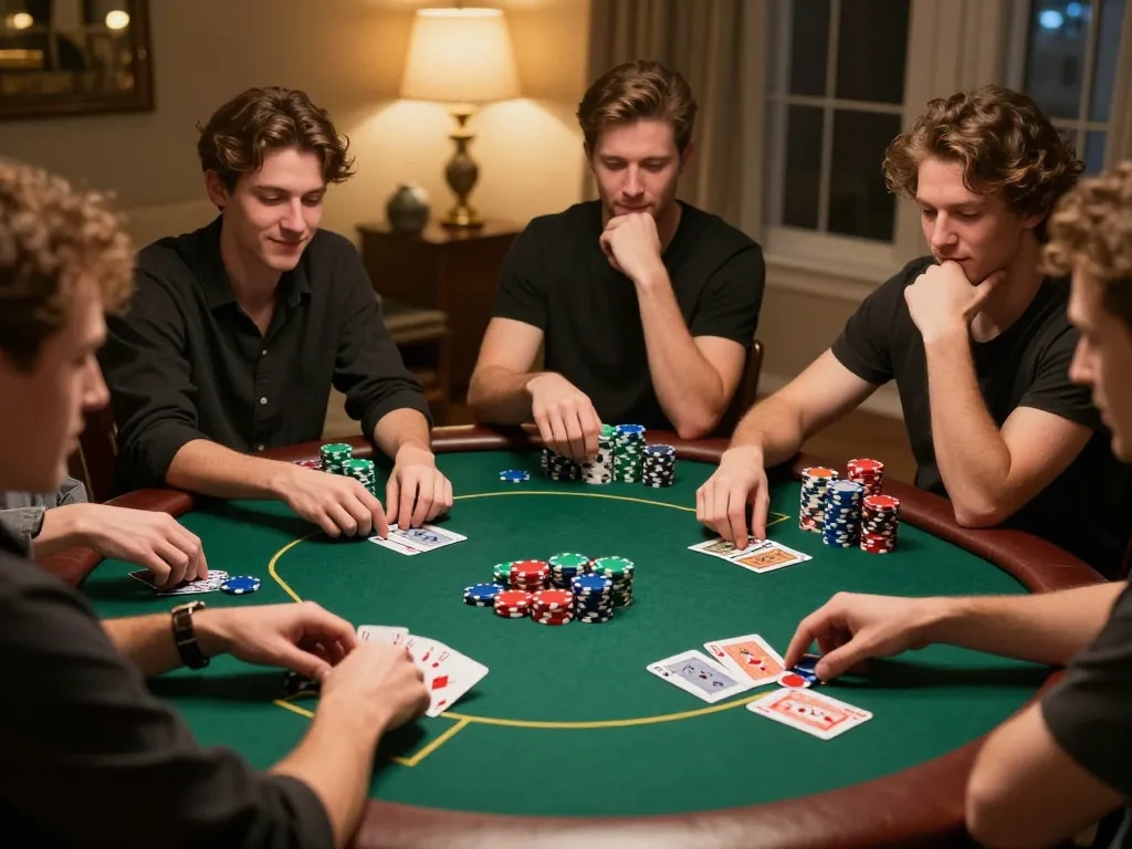 Main poker lapak303 game session showing players enjoying a vibrant home poker night atmosphere with chips and cards.