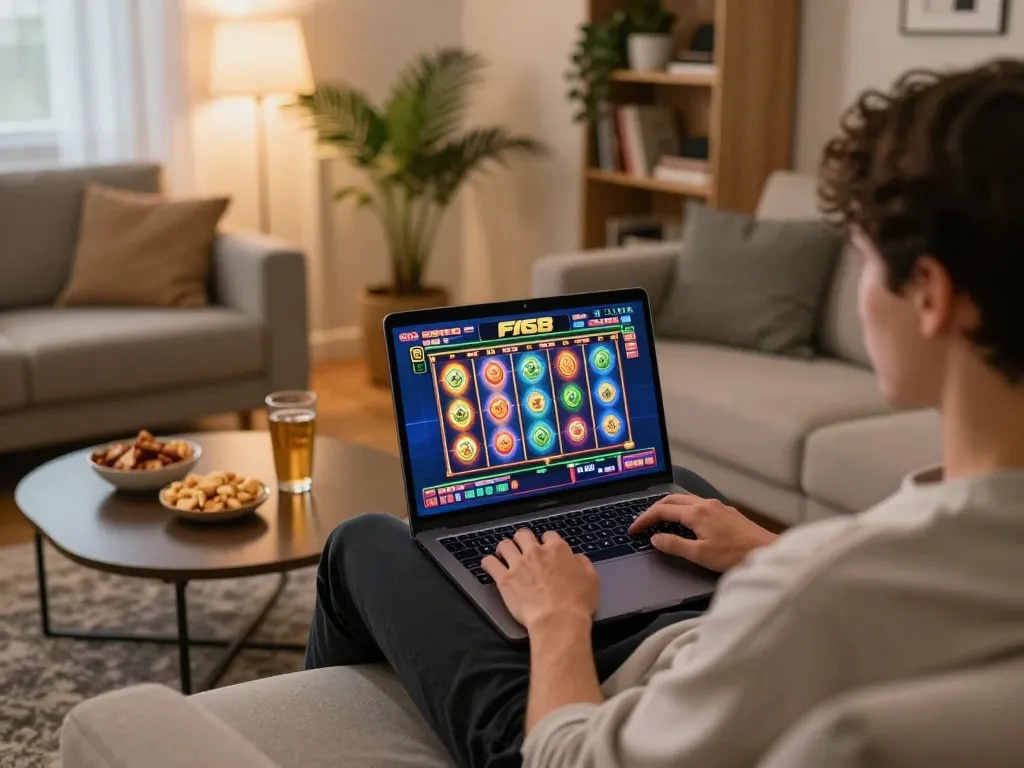 Engaged player enjoying F168 slot game on laptop, cozy home atmosphere