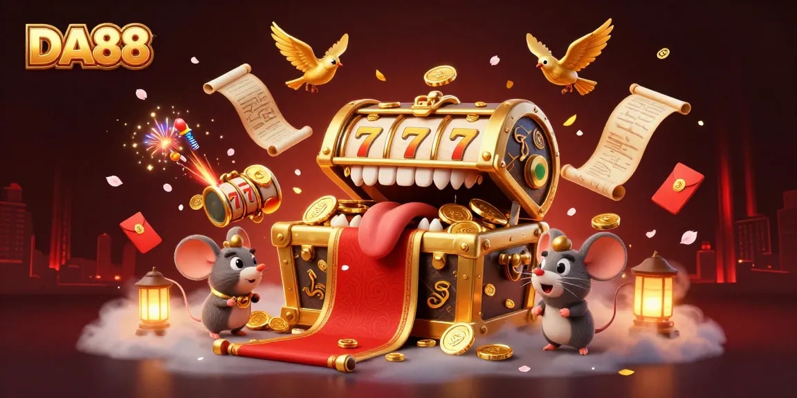 Experience the thrill of DA88 slots with a treasure chest and casino magic in a vibrant scene.