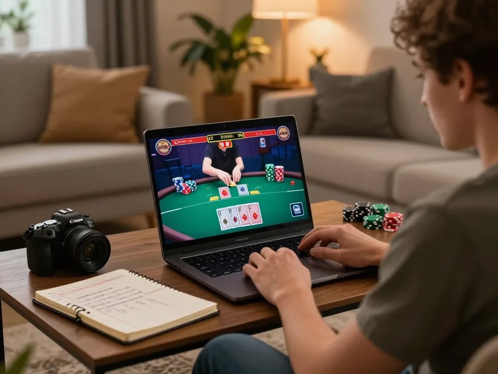 Player enjoying an online poker game on RR88, with laptop displayed and strategy notes on the table.