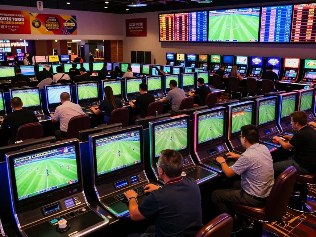 Excited sports betting patrons checking tỷ lệ bóng đá kèo nhà cái in a vibrant casino