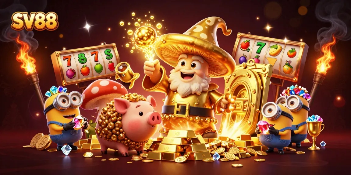 SV88 embodies the thrill of casino gaming with a lavish scene featuring a golden wizard and treasures.