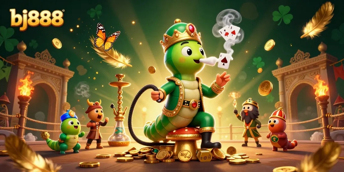 Engage in thrilling gameplay at bj888 with a vibrant 3D illustration featuring a caterpillar hookah-master and casino elements.
