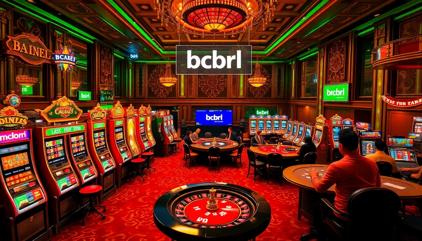 Jugadores disfrutando de varios juegos en el casino BCBRL, con máquinas tragamonedas vibrantes y mesas de póker.