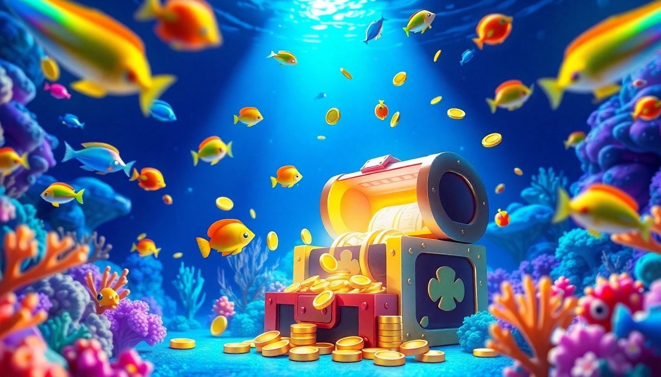 Bắn cá đổi thưởng scene with colorful fish and slot machine in an immersive underwater casino atmosphere.