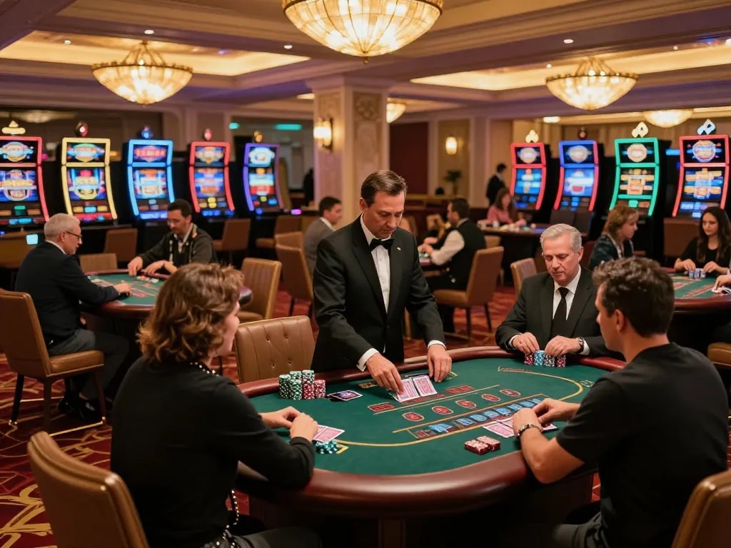 Players strategizing at WIN79 blackjack tables in an upscale casino setting.