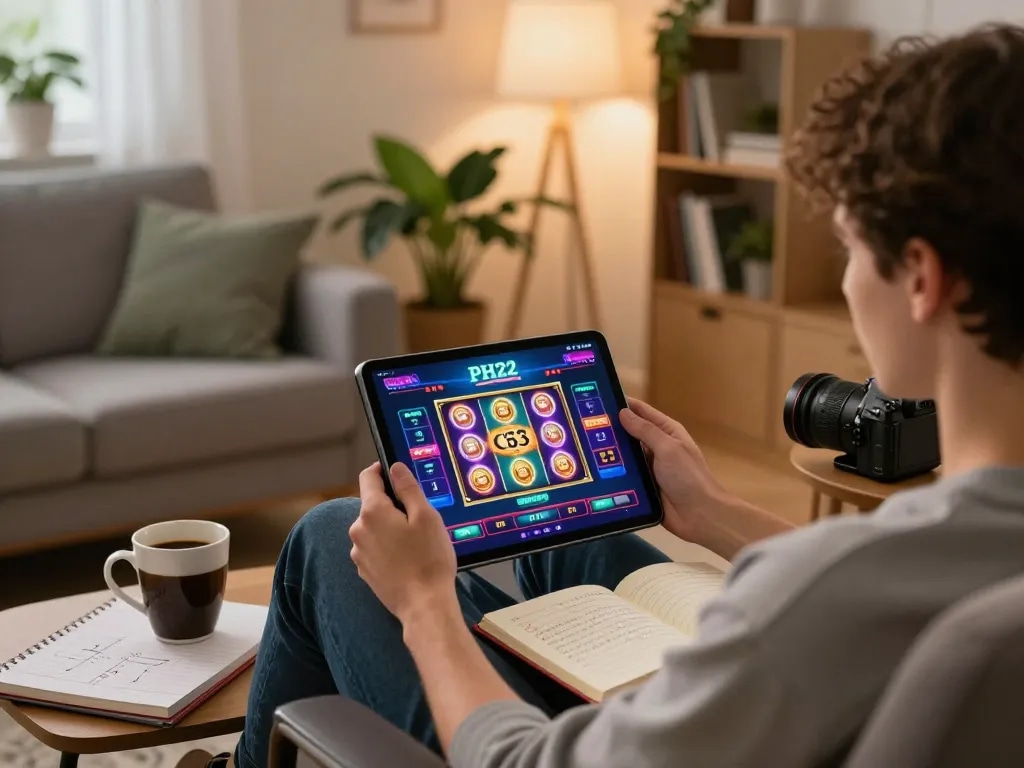 Player engaging with the PH22 online casino app at home, showcasing vibrant gaming experience.