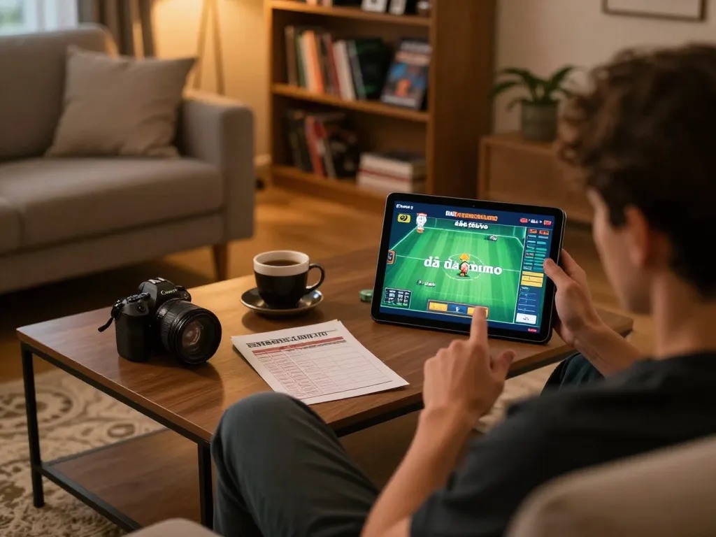 Engaging with live đá gà thomo stream on a tablet in a cozy home setting, showcasing responsible online gaming.
