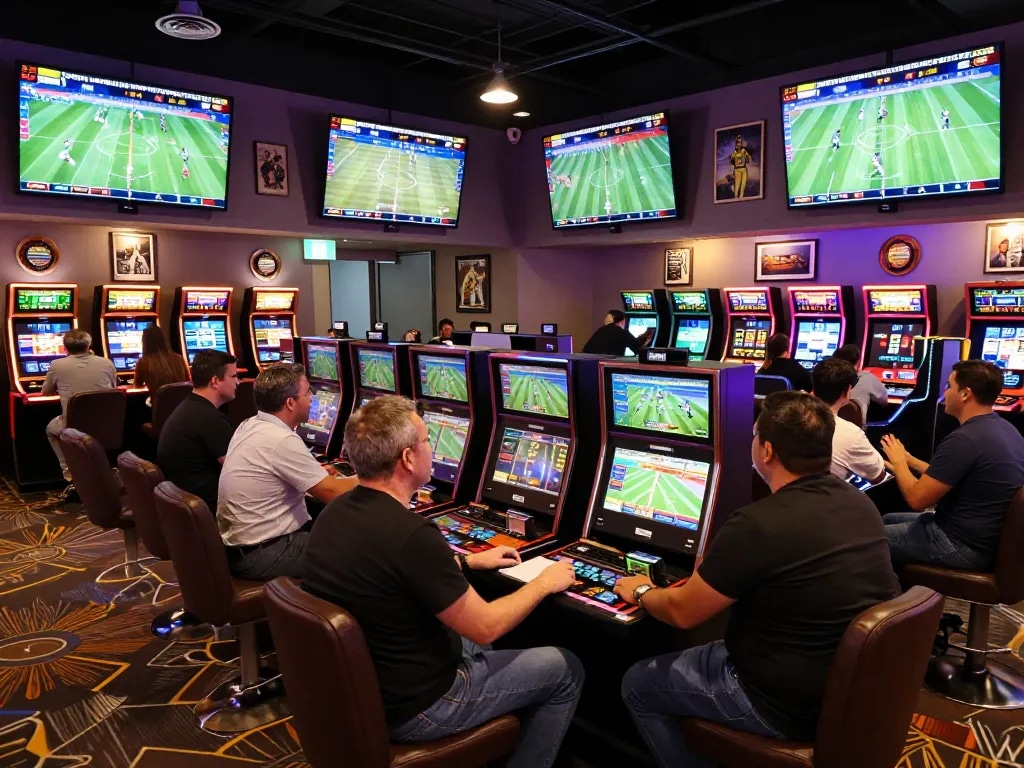 View of a lively sports betting area showcasing trực tiếp đá bóng with excited fans placing wagers and monitoring live scores.