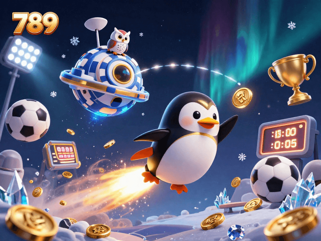 Engage with 789's thrilling games, as a golden penguin ventures through a dynamic casino galaxy.