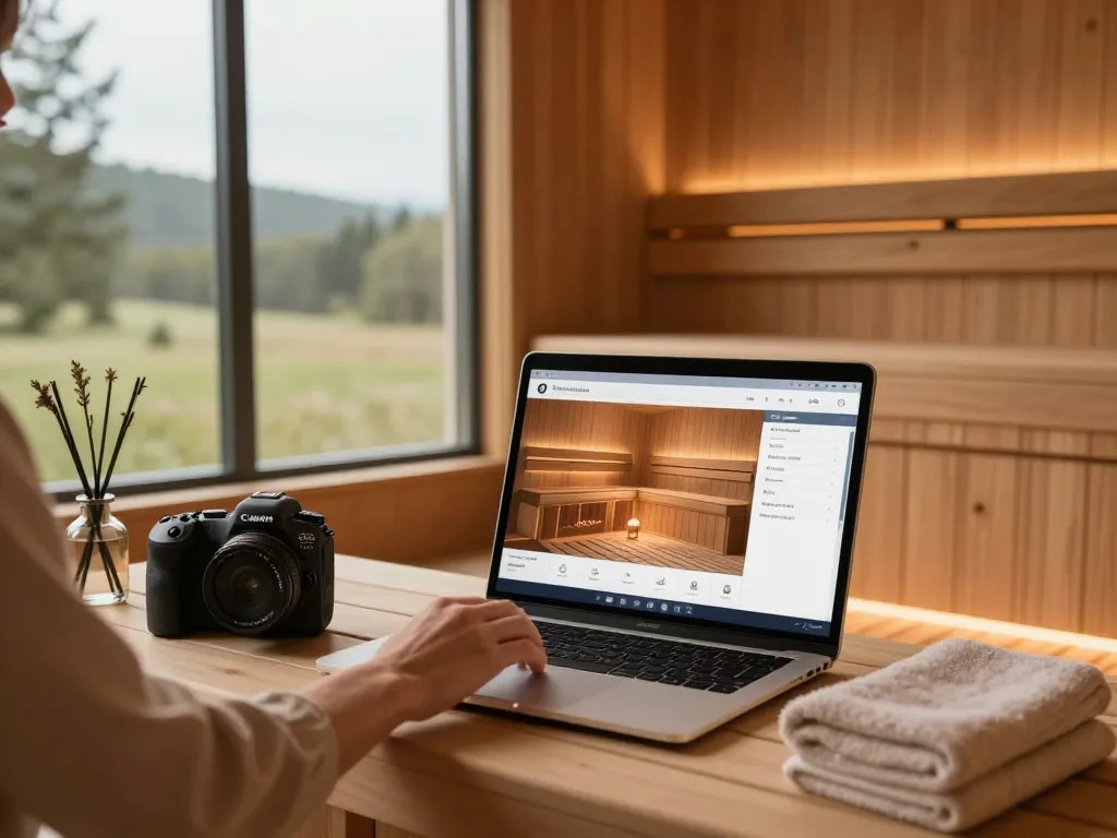 person using a sauna 3D configurator to design a personalized sauna in a cozy home environment