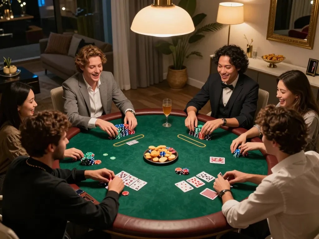 Friends enjoying a lively poker game at home, celebrating wins while playing F168 cards