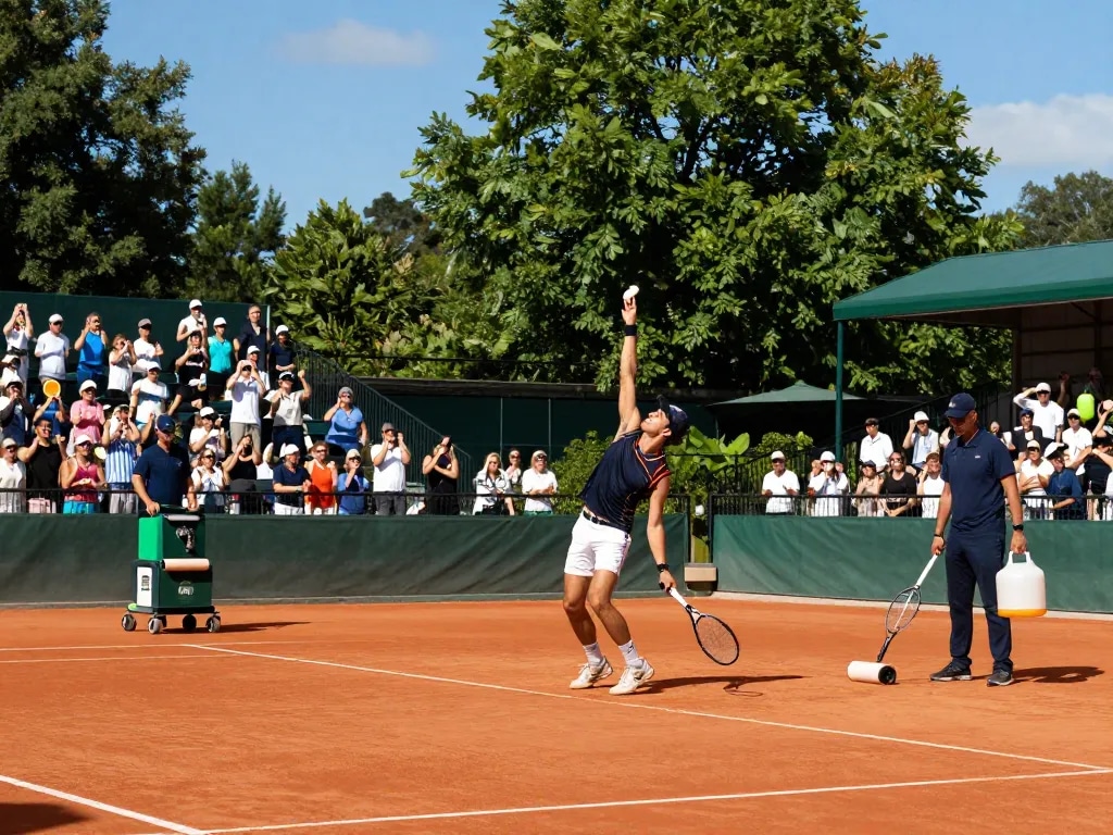 Professional athlete serving on a vibrant Hybrid Clay court, showcasing minimal maintenance and eco-friendly features in a lively tennis atmosphere.