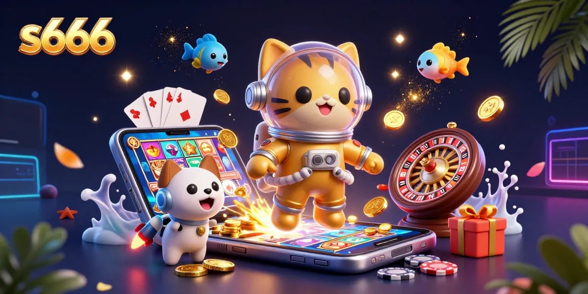 Join the fun at s666 with a colorful slot game illustration featuring a space cat and robot dog!