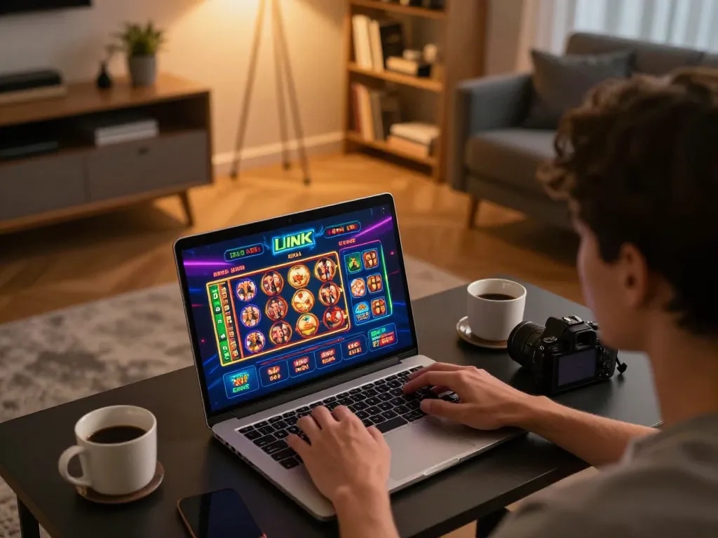 Engaging with LINK 88AA online casino on a laptop in a cozy home setting
