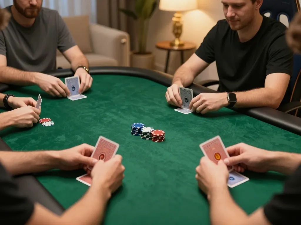 cm88 players strategizing in a virtual poker game, showcasing intense focus and engagement