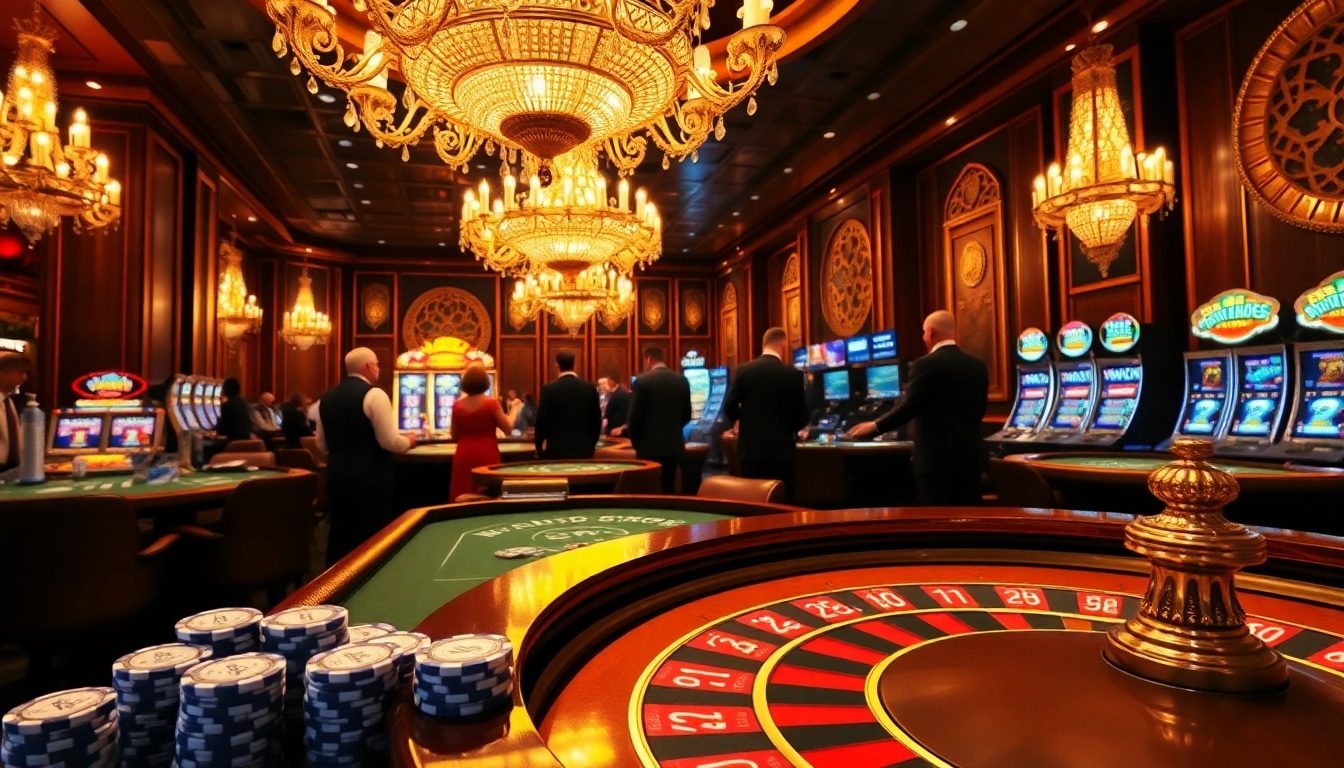 Engaging B52 players at a luxurious casino table with vibrant elements and chips.