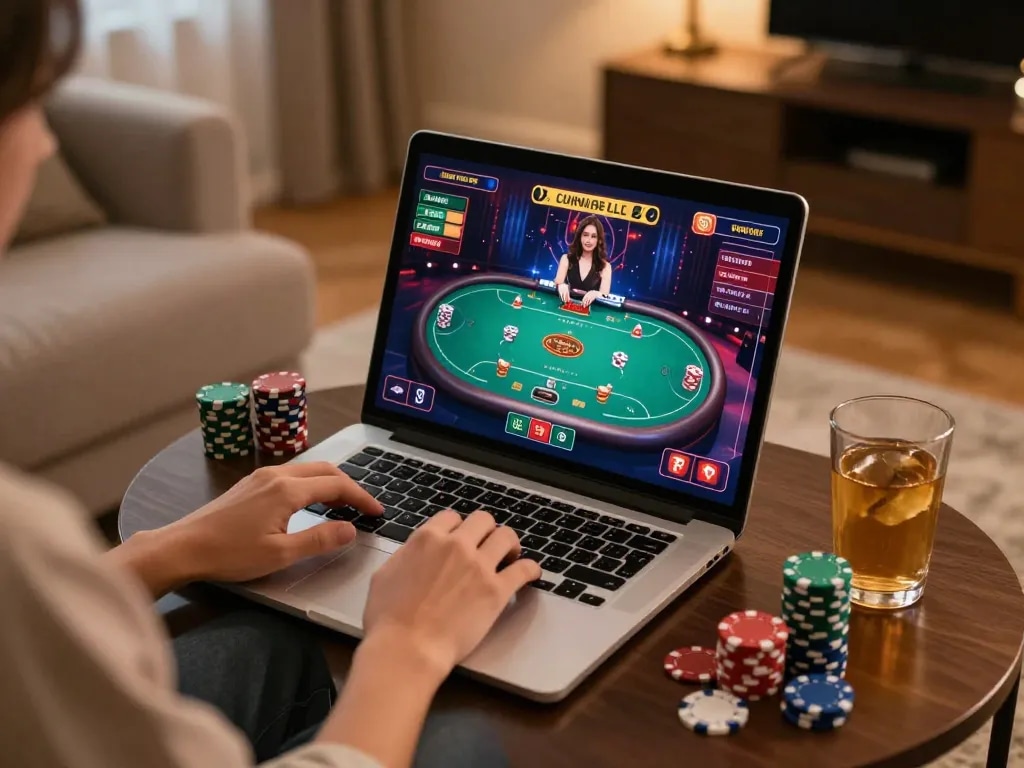 Engaging in online gaming with go 88 on a stylish laptop, showcasing poker tables and a cozy atmosphere.