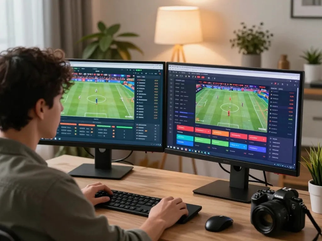 Engaging in real-time sports betting on the RR88 app with dual monitors displaying live events.