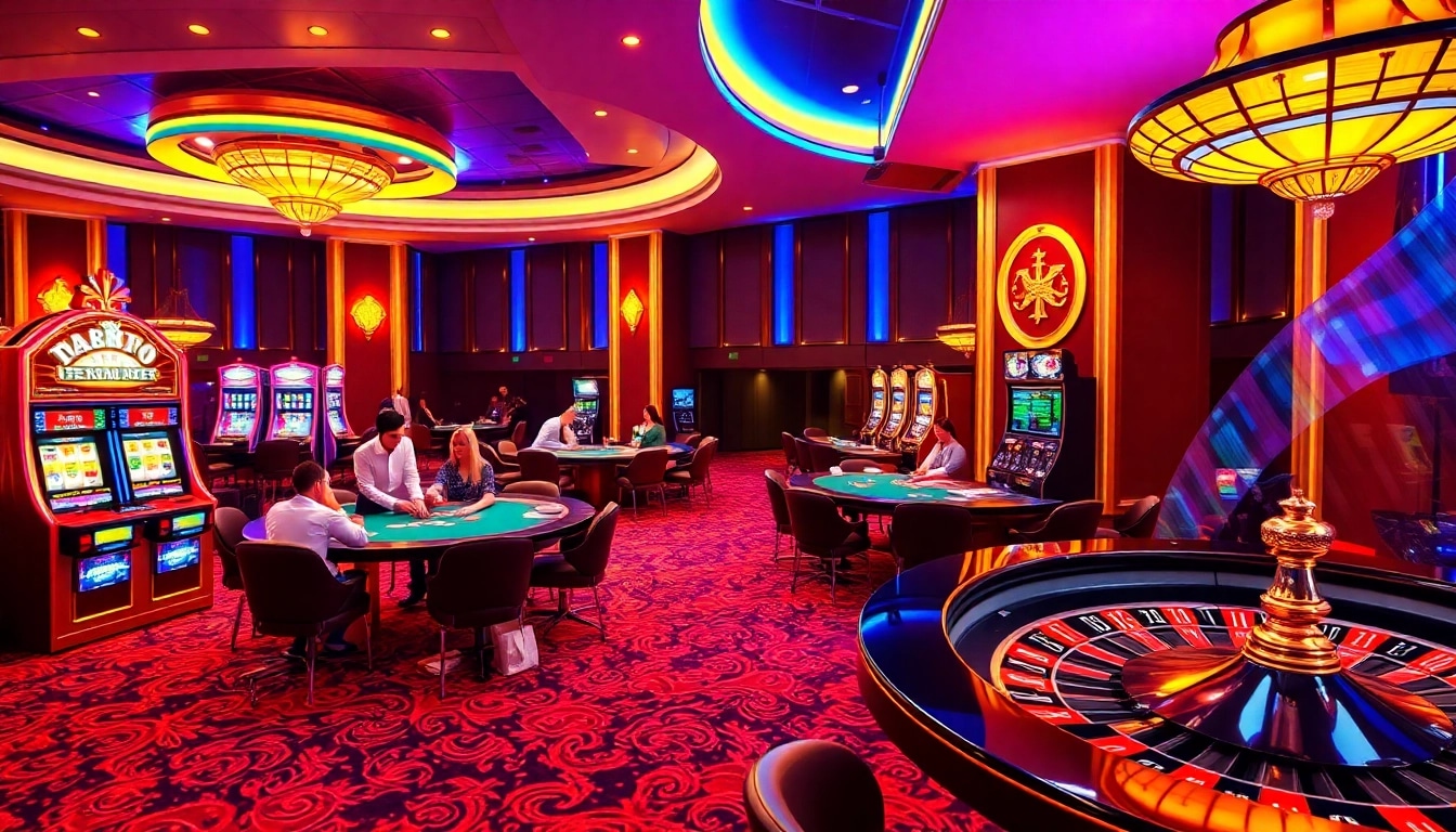 Exciting casino atmosphere showcasing Nhà Cái DEBET with vibrant tables and engaging players.