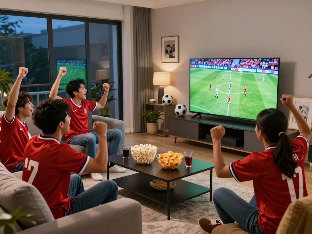 Fans enjoying ดูบอล in a cozy living room with snacks and excitement.