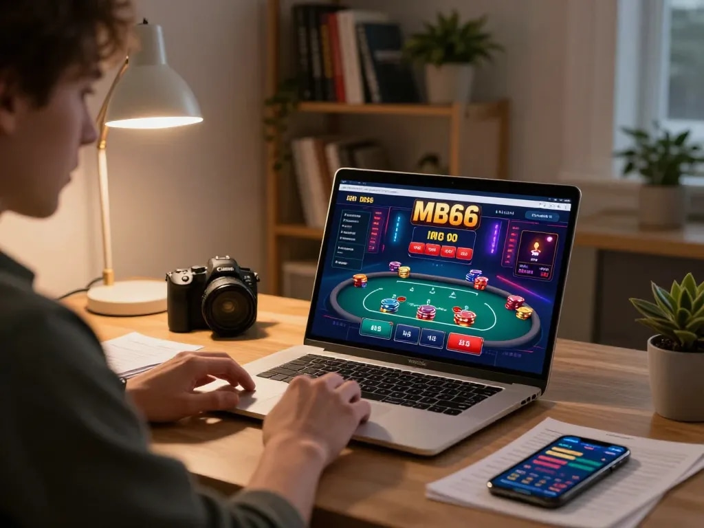 Player using the MB66 app on a laptop while analyzing poker strategies in a cozy home office.