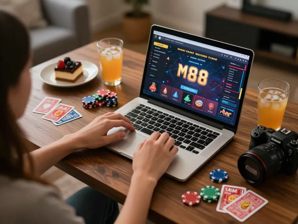 Player enjoying MM 88 online casino game with chips and cards in modern home setup.