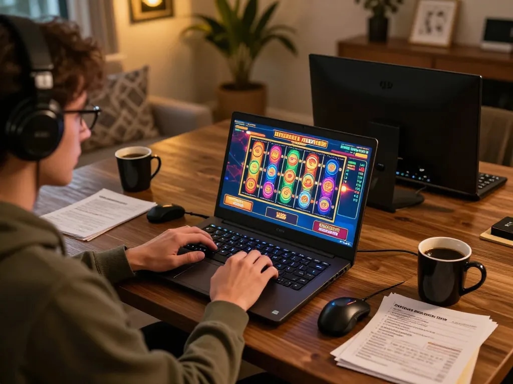 Cảnh thú vị của người dùng khám phá Liên kết 12bet để chơi game trực tuyến trên laptop với ly cà phê bên cạnh