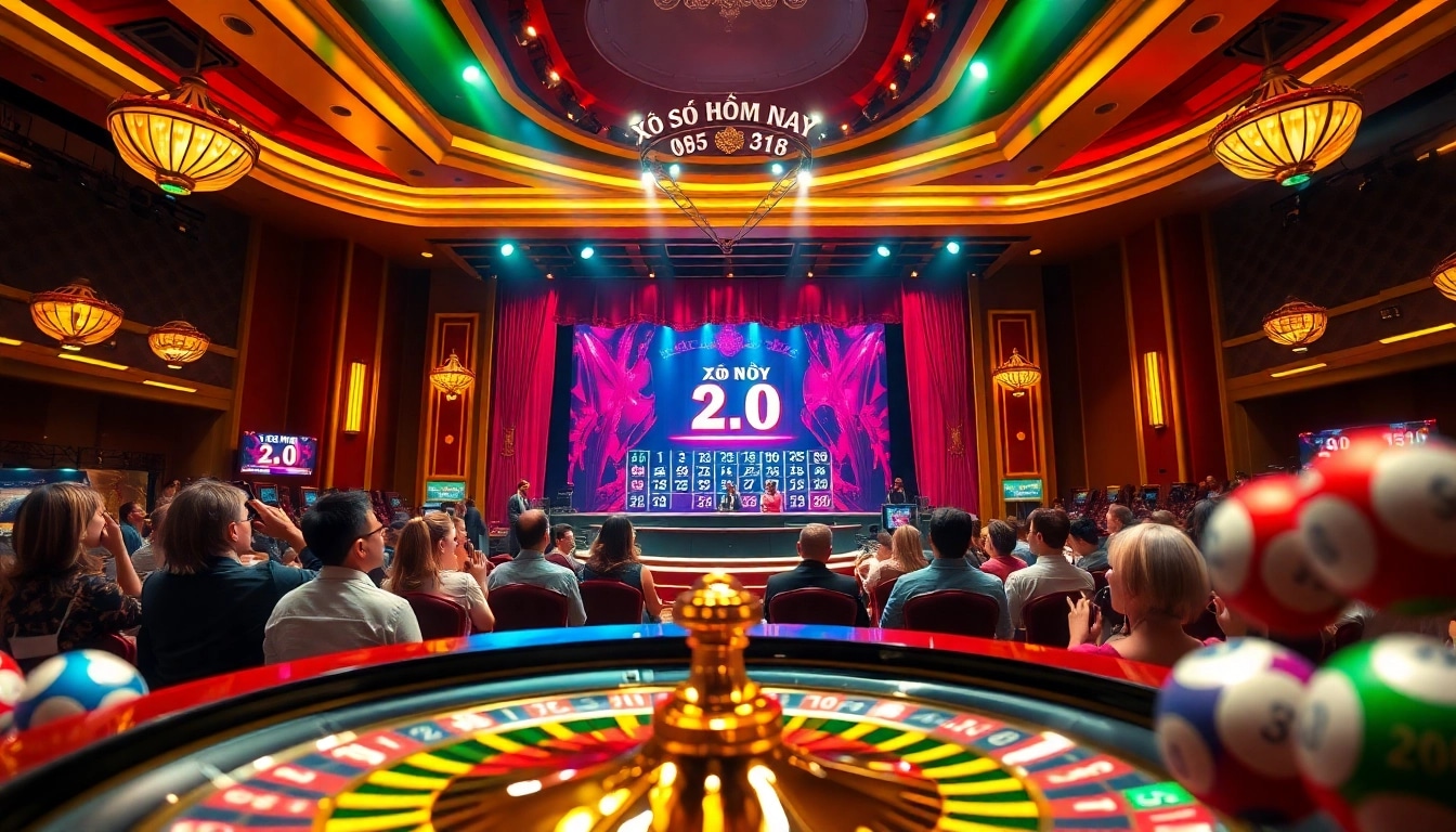 Xổ số hôm nay lottery draw with excited audience, elegant atmosphere, and vibrant colors.