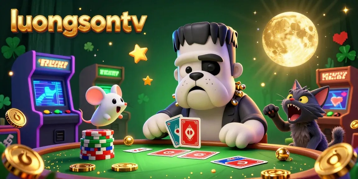 Join the excitement with luongsontv as the Frankenstein bulldog deals cards at a vibrant casino scene.